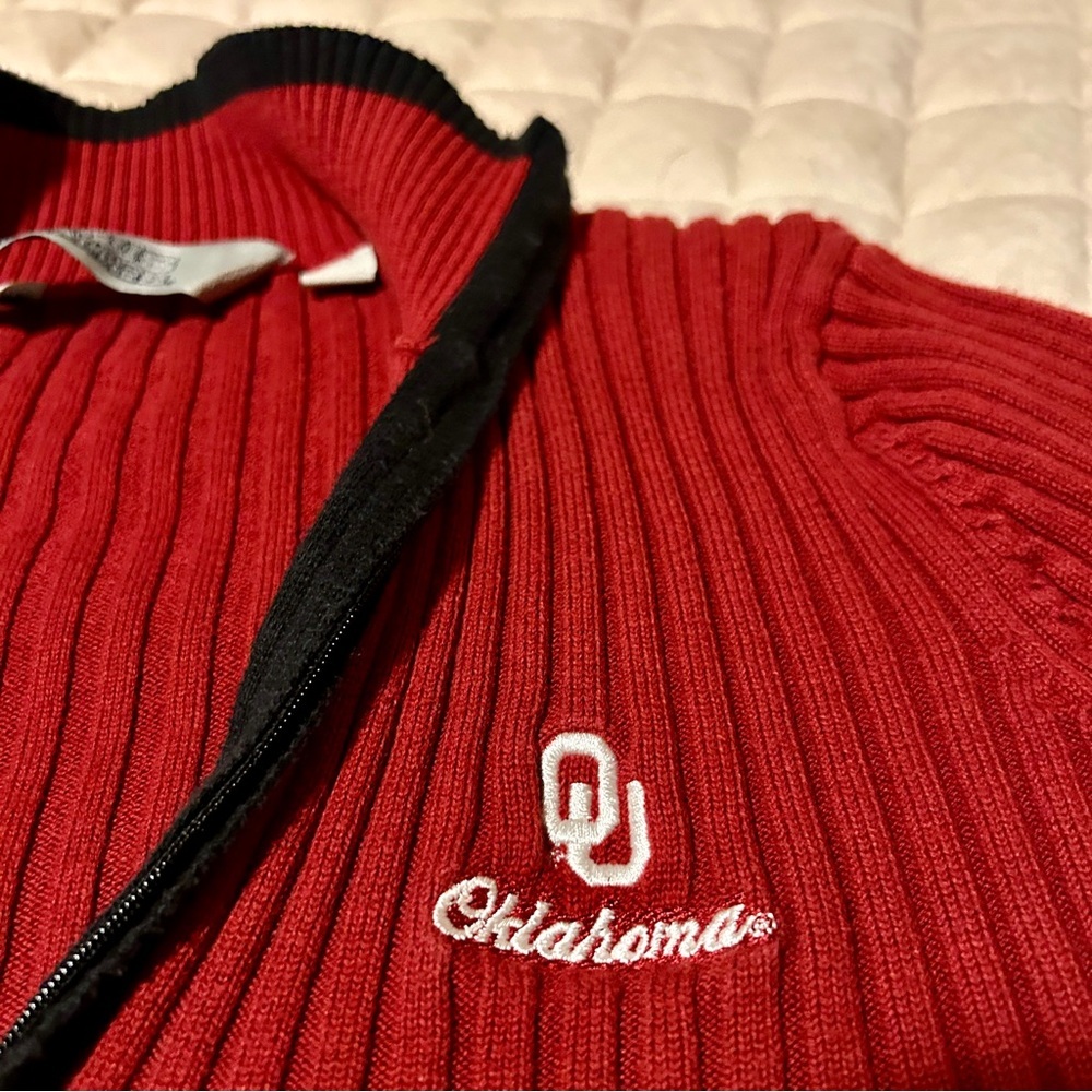University of Oklahoma Red Ribbed Zip-Up Cardigan with Embroidered OU Logo - Picture 2 of 4